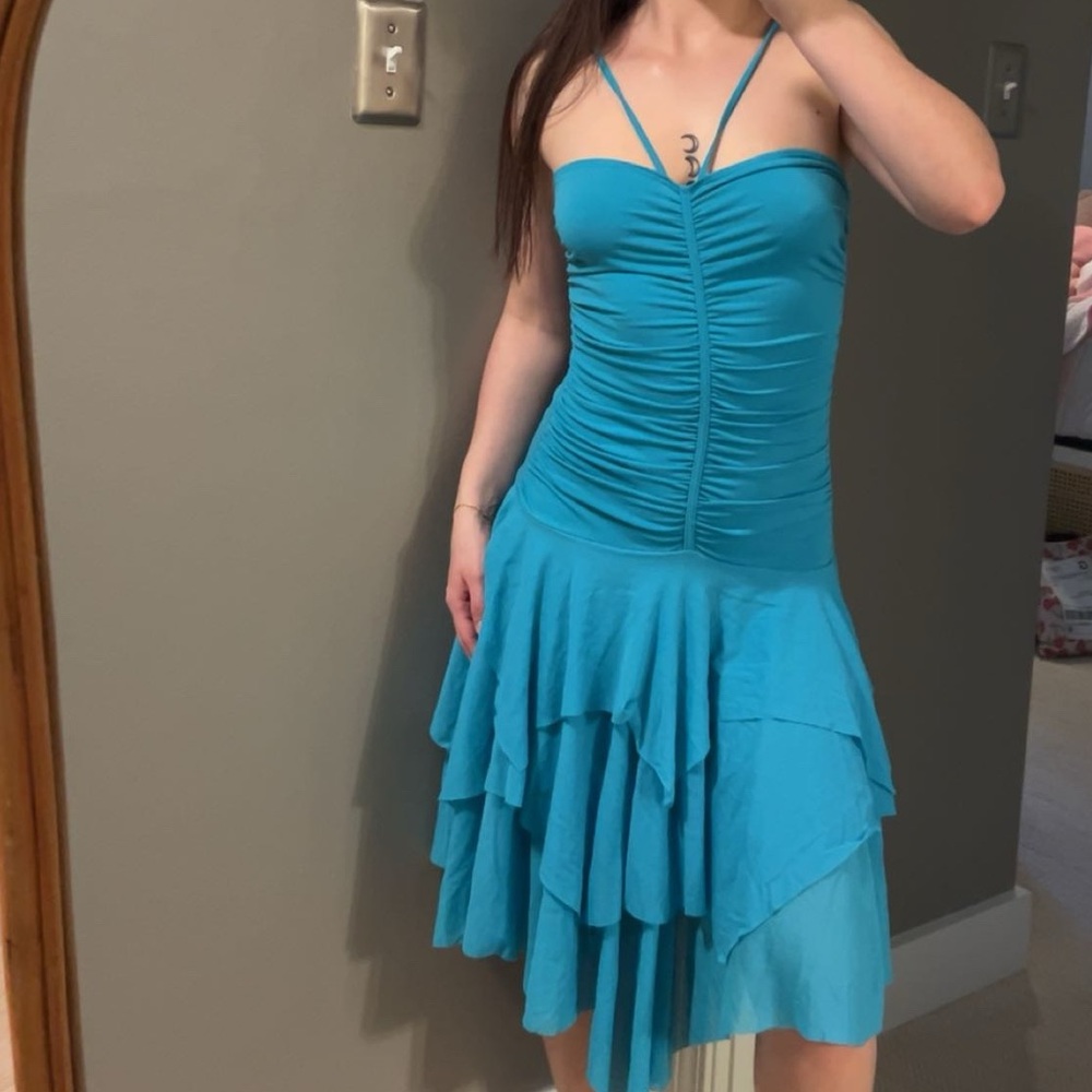 blue ruched midi dress
